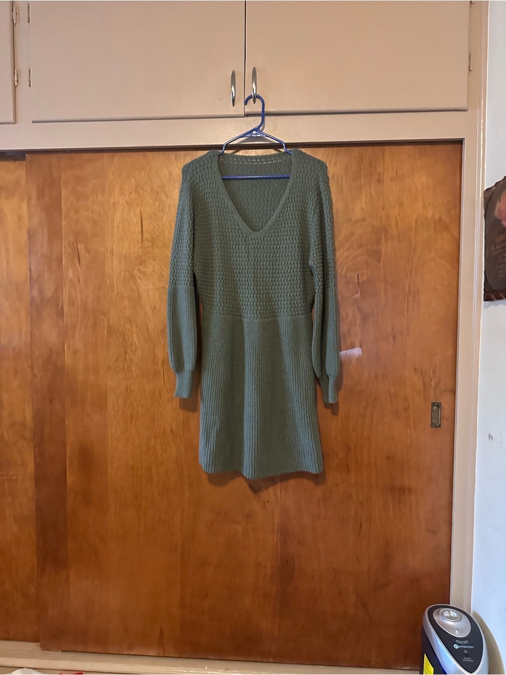 V-Neck Olive Green Knit Sweater Dress